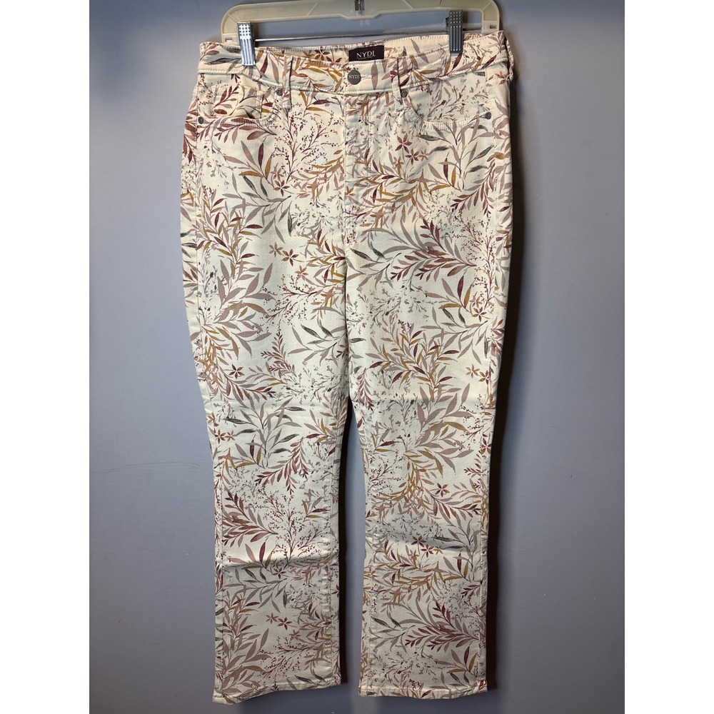 NYDJ Slim Bootcut Floral Jeans Cream Botanical Print‎ Lift Tuck Pants Womens 10